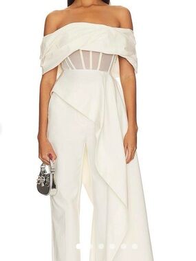 NWT NBD Off-Shoulder White Wide-Leg Jumpsuit with Draped Overlay